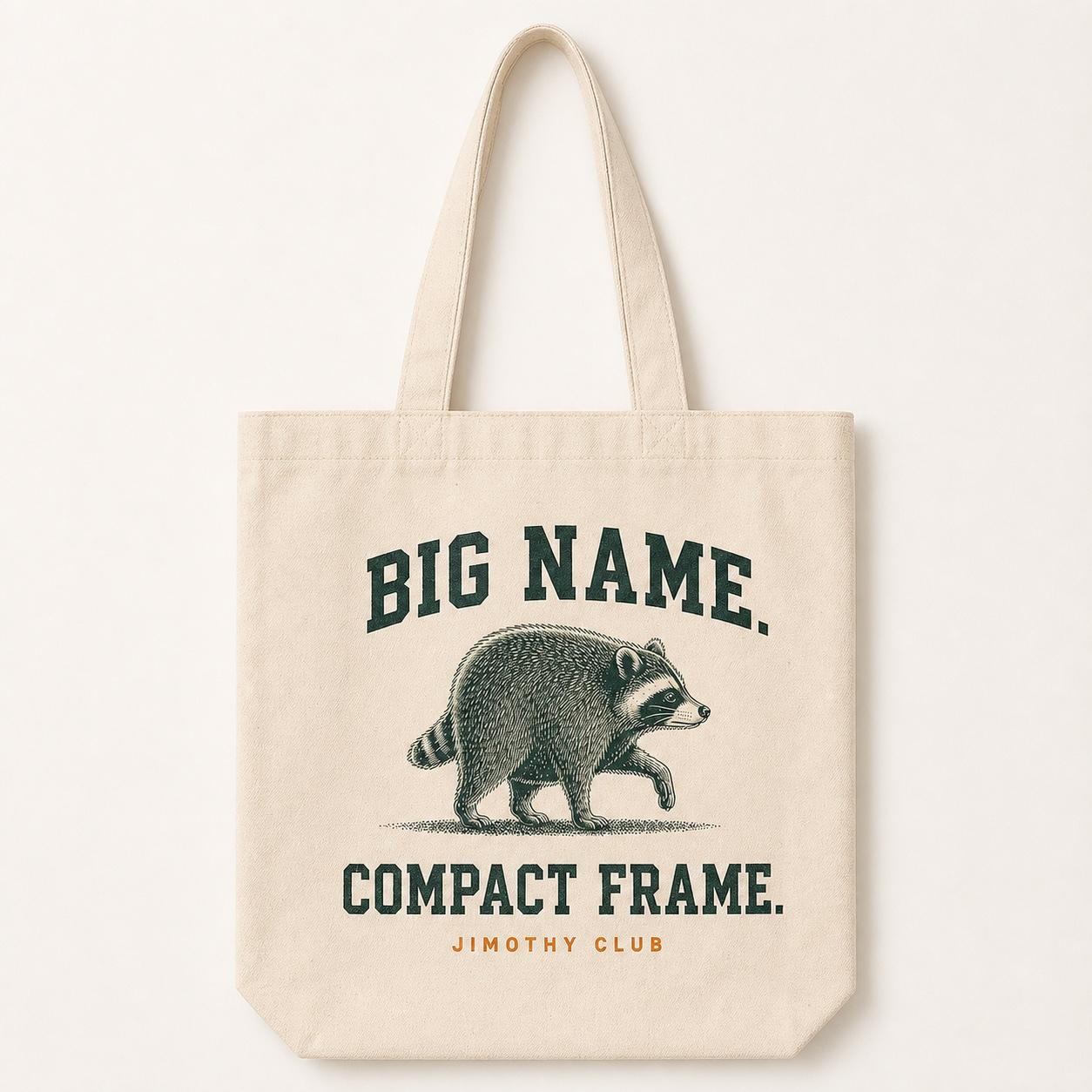 Natural canvas tote printed with Big Name Compact Frame raccoon art