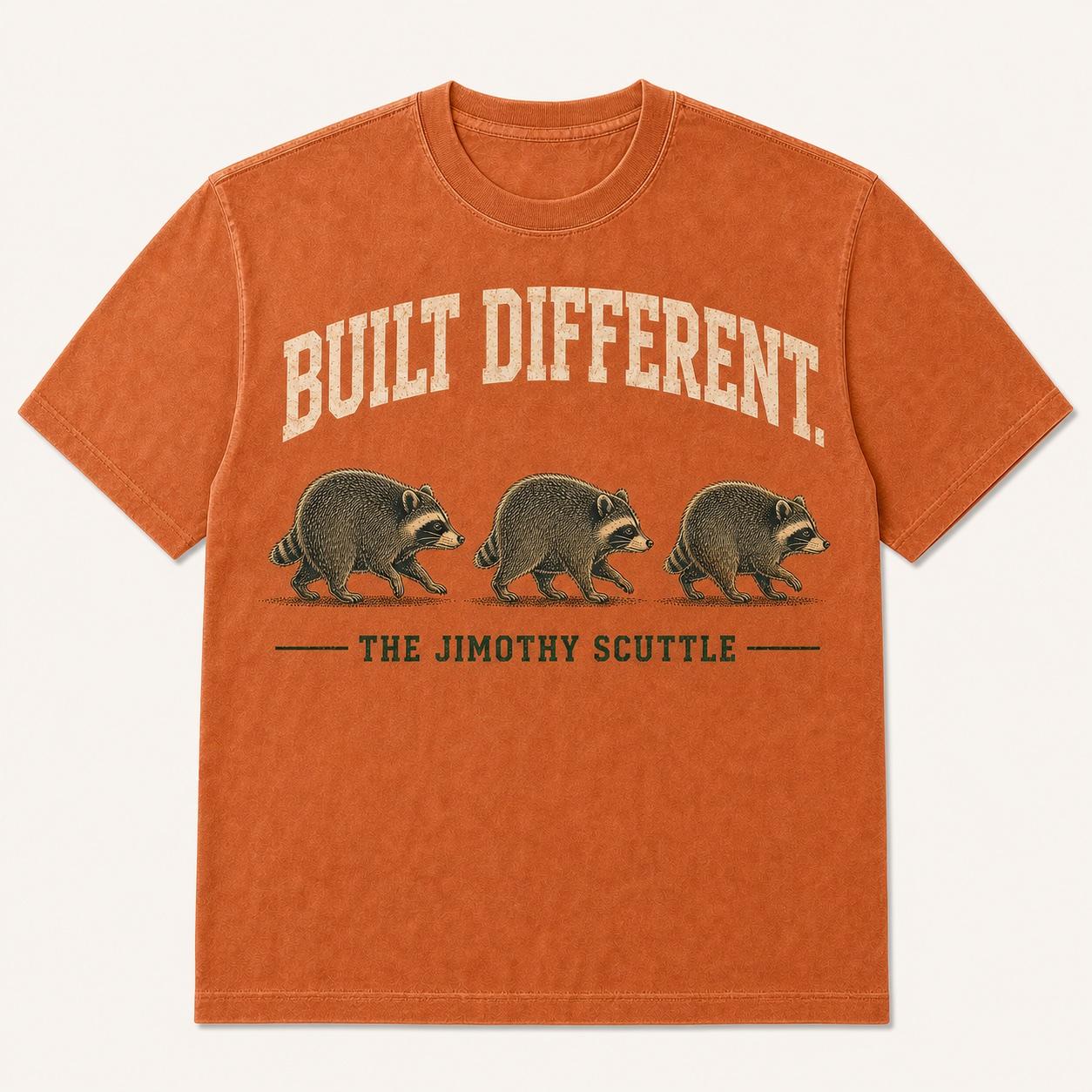 Burnt-orange Built Different T-shirt with three compact raccoons