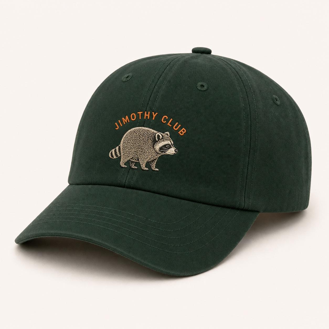 Evergreen Jimothy Club dad cap with embroidered compact raccoon