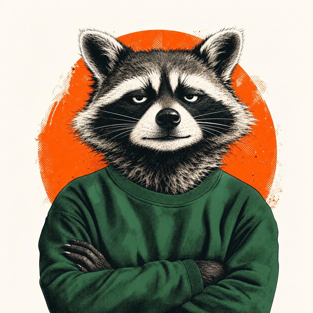 Skeptical illustrated Jimothy raccoon wearing an evergreen sweatshirt
