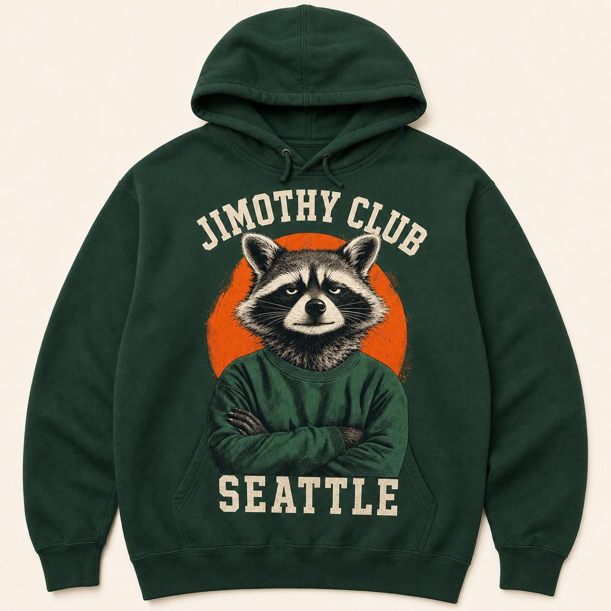 Evergreen Jimothy Club hoodie with a crossed-arm raccoon portrait