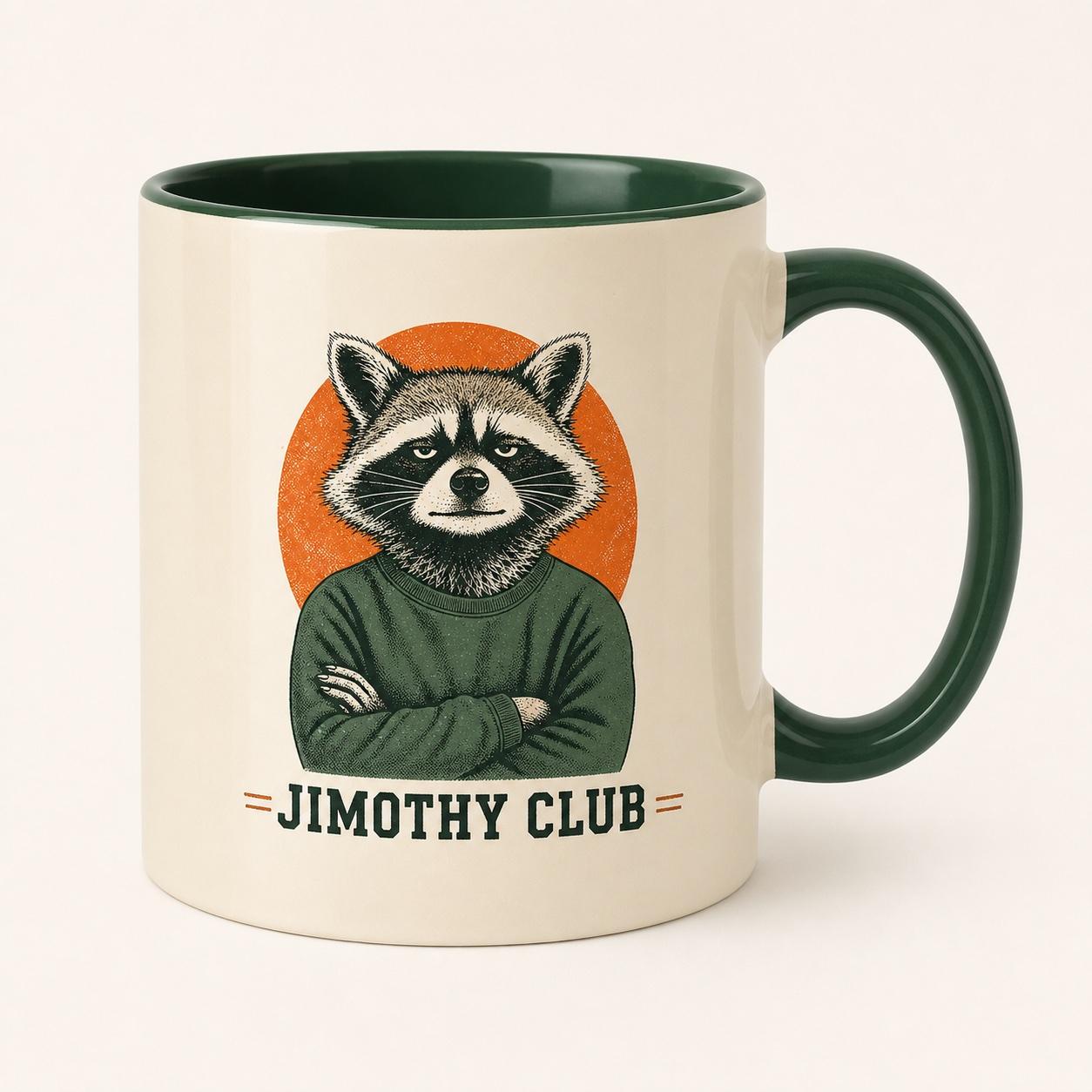 Cream and evergreen Jimothy Club mug with skeptical raccoon portrait