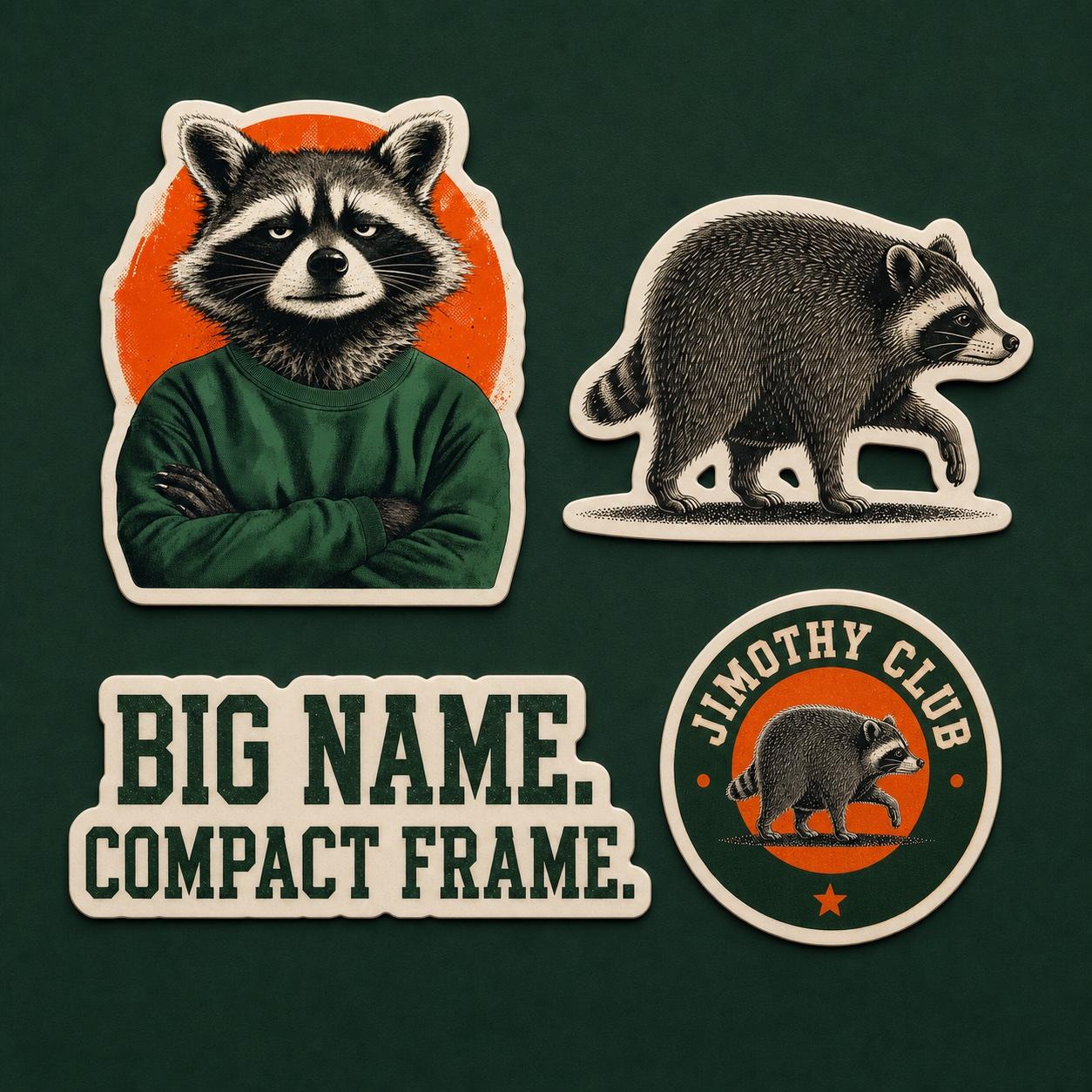 Set of four cream, evergreen, and orange Jimothy Club vinyl stickers